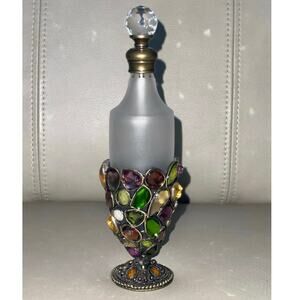Large 6.75" Vintage Jeweled Frosted Glass Perfume Bottle - Antique Brass Decor